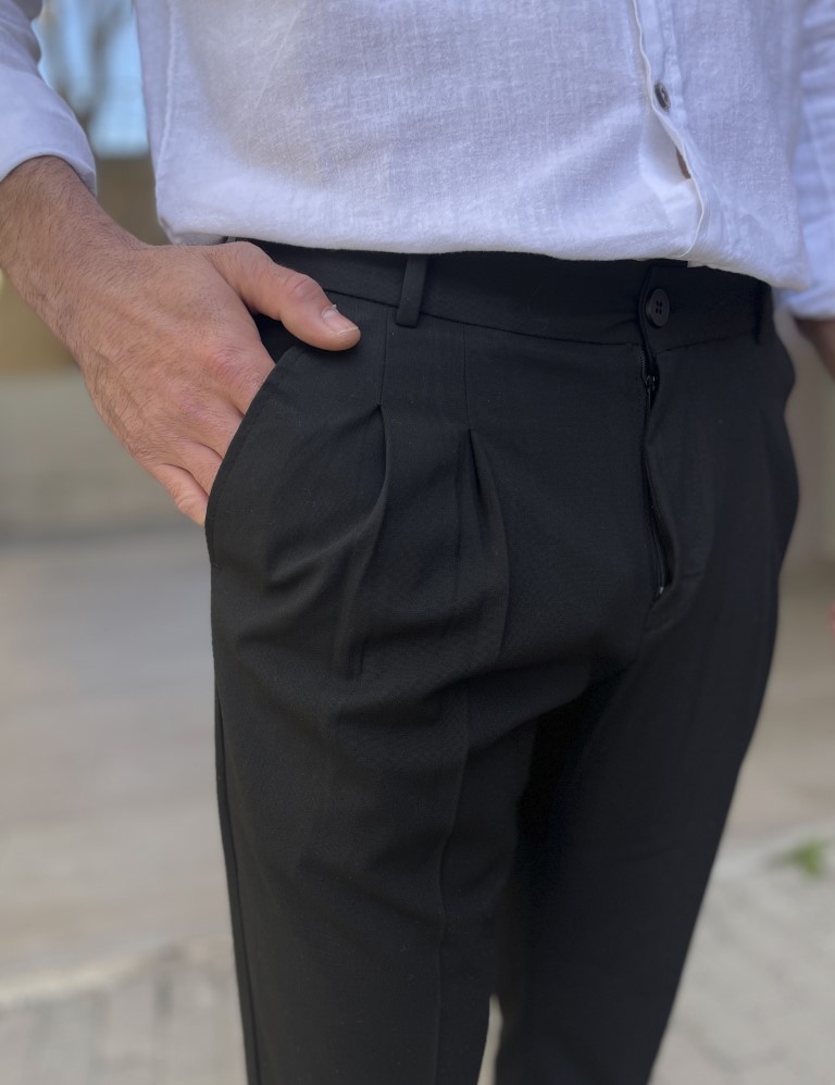 Ανδρικό μαύρο υφασμάτινο παντελόνι με πιέτες και λάστιχο στην μέση FCL00495 φωτογραφία